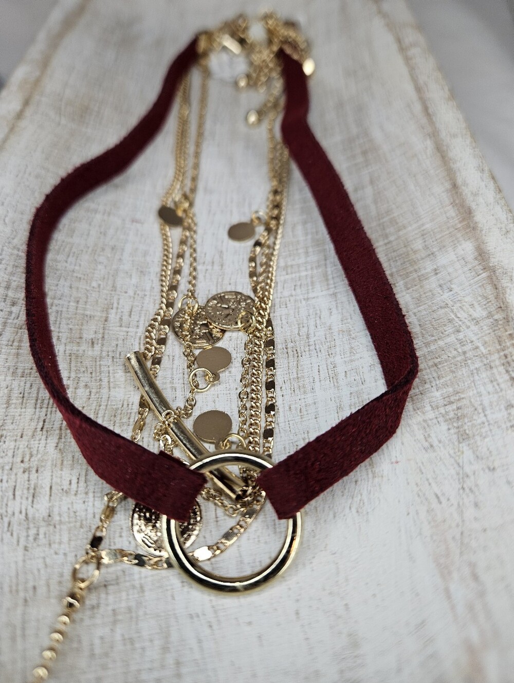 NWOT Burgundy Suede Gold Layered Choker Necklace Set Multi Strand 12-16" - Picture 7 of 10